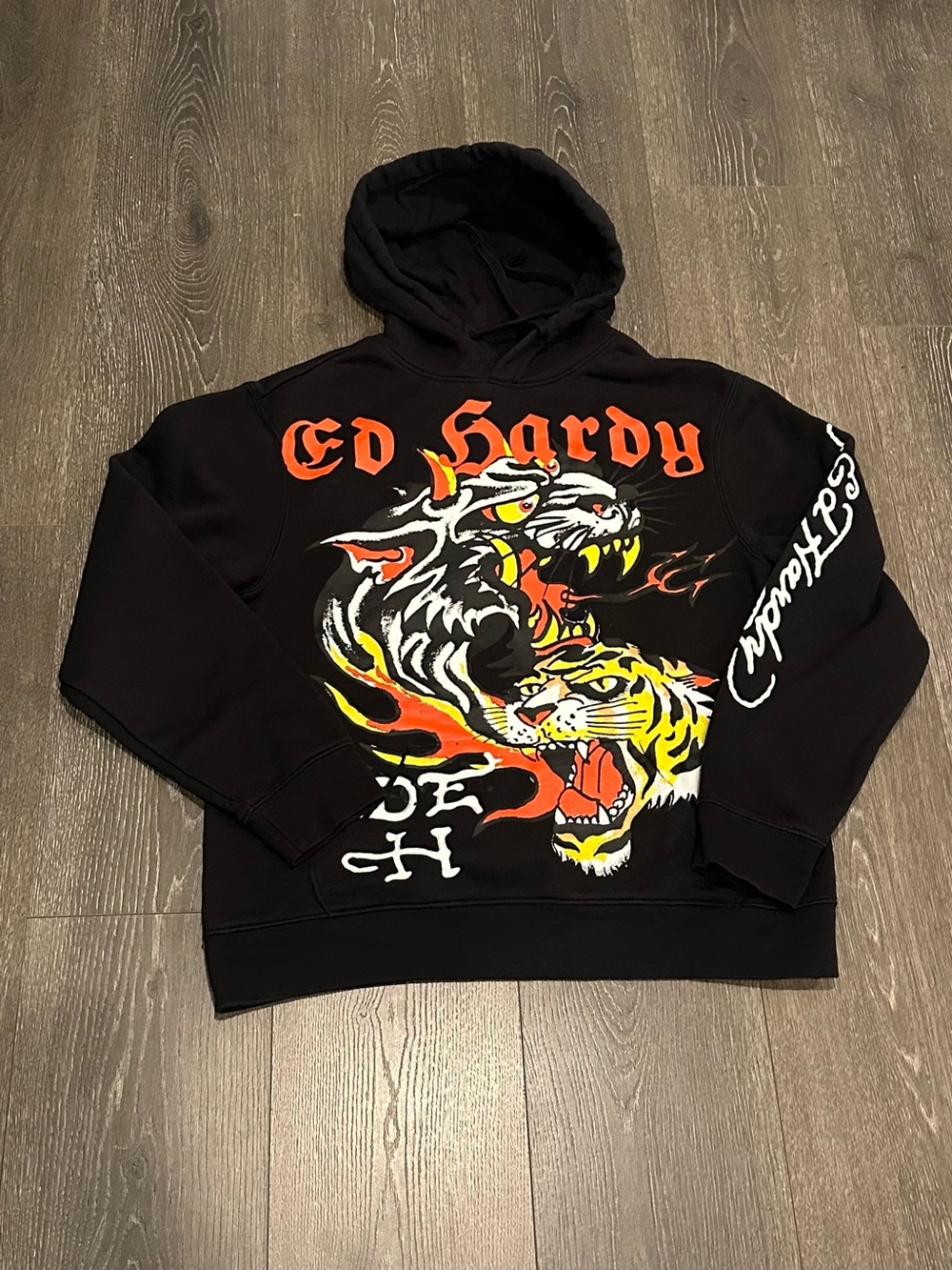 Ed Hardy Black Hoodie with Flame Tiger GraphicSize S Y2K Streetwear .